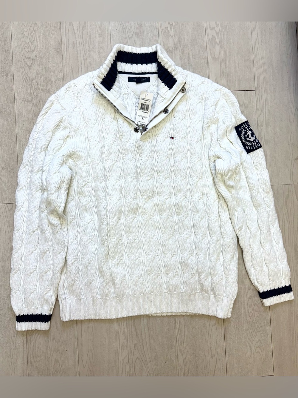NEW! Tommy Hilfiger Men's White Cable-Knit Half-Zip Sweater Navy Trim Sz 2XL NEW